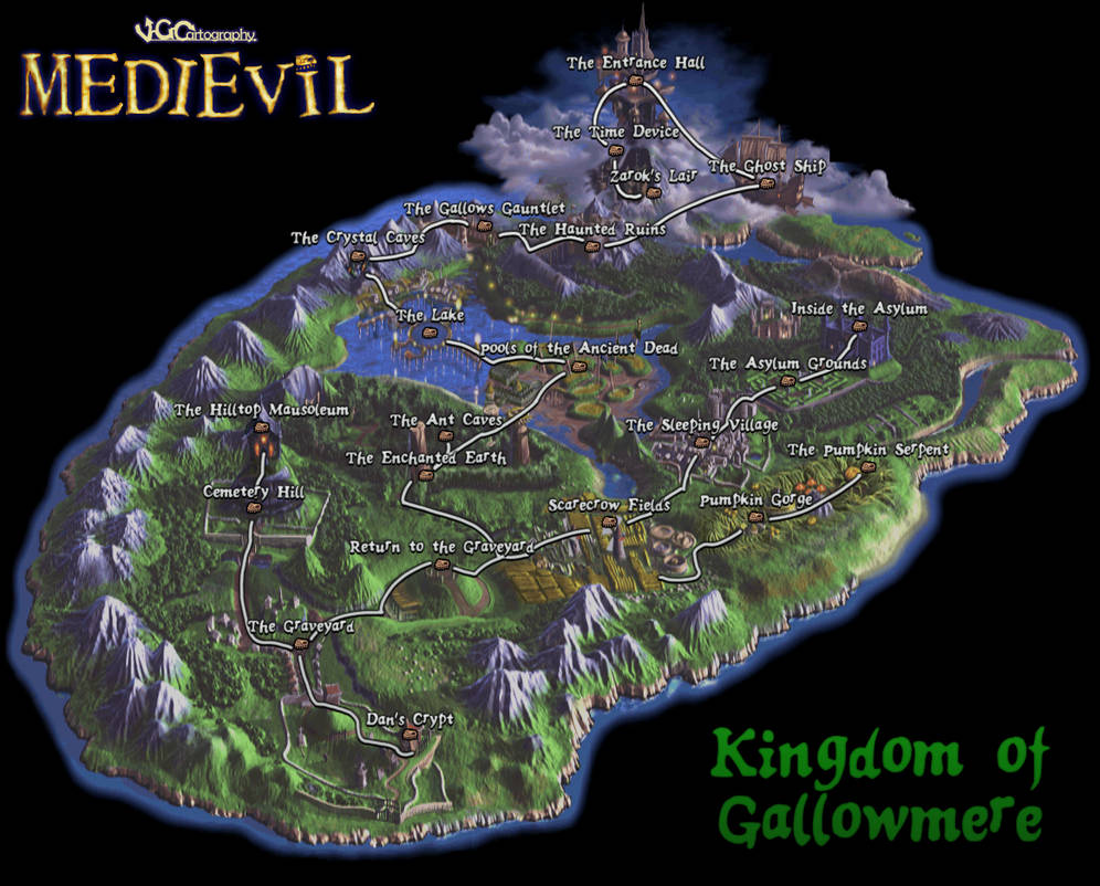 Mapa království Gallowmere s úrovněmi z původního MediEvilu