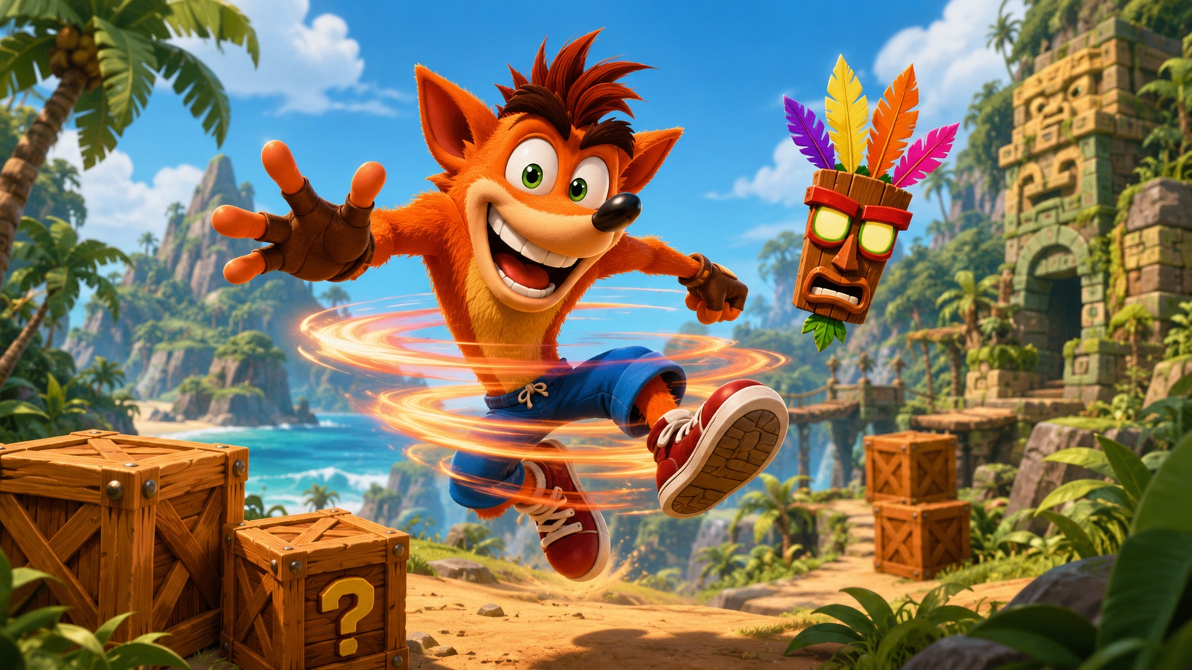 Crash Bandicoot v tropickém prostředí s bednami a maskou Aku Aku