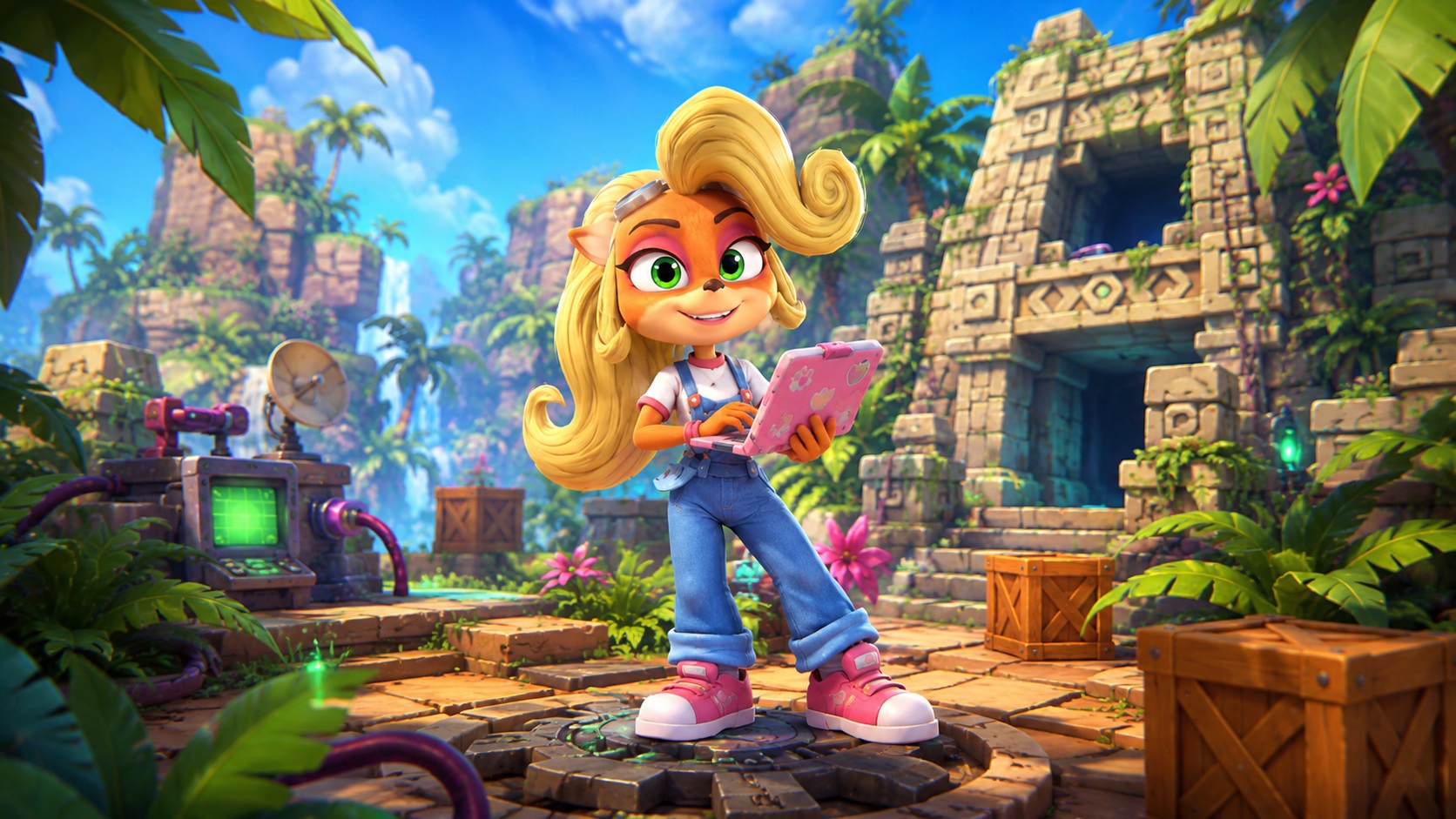 Coco Bandicoot s notebookom v tropickom prostredí zo série Crash Bandicoot