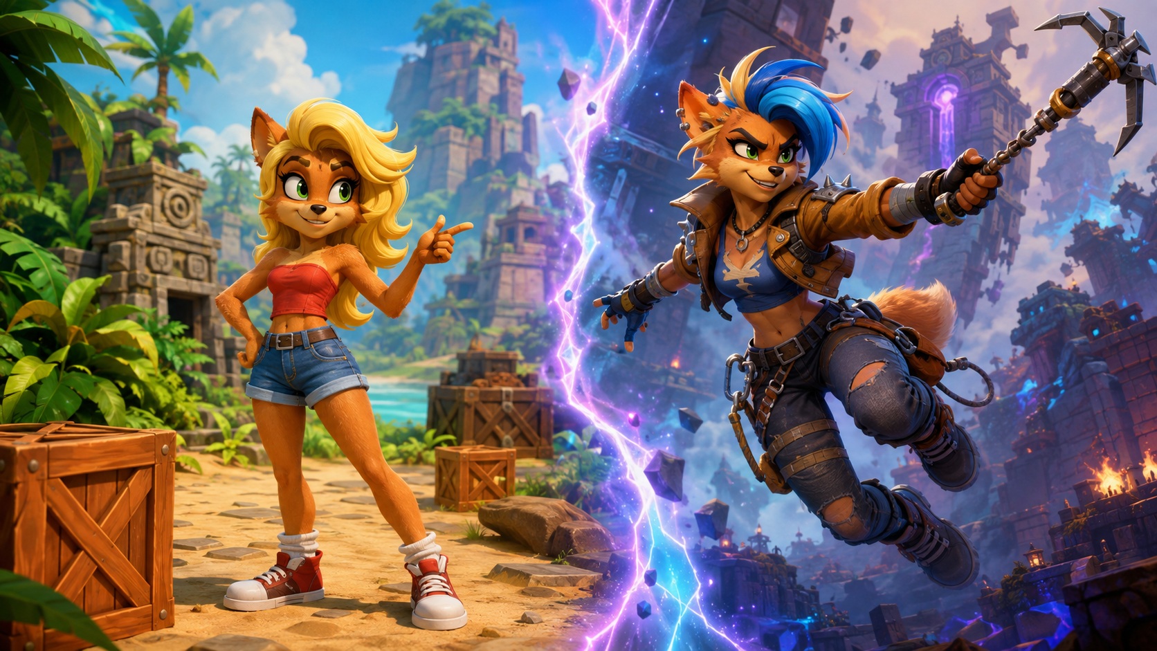 Původní a alternativní podoba Tawny Bandicoot ze série Crash Bandicoot